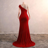 Red Velvet Maxi Fitted Formal Prom Evening Dress EN5809